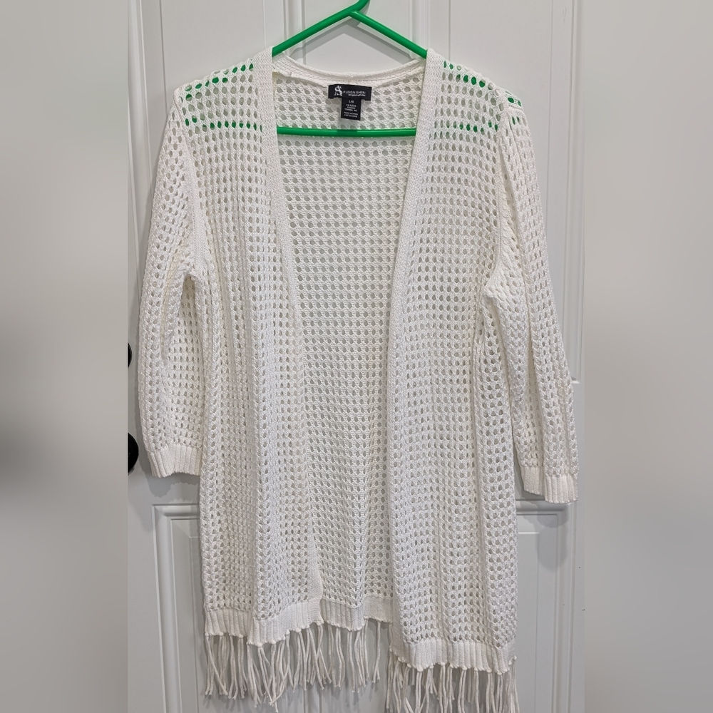 Alison Sheri White Open- Crochet Cardigan  Large